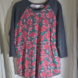 LuLaRoe Red and Green Paisley Raglan Top